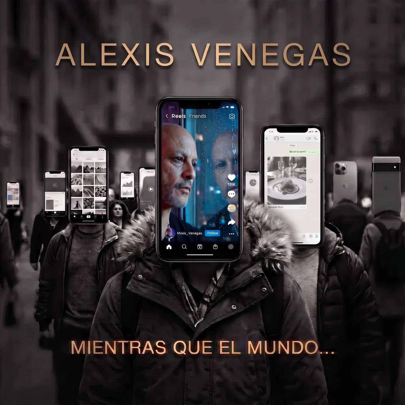 Carátula de «Mientras que el mundo…»: una calle gris llena de gente con teléfonos por cabeza.